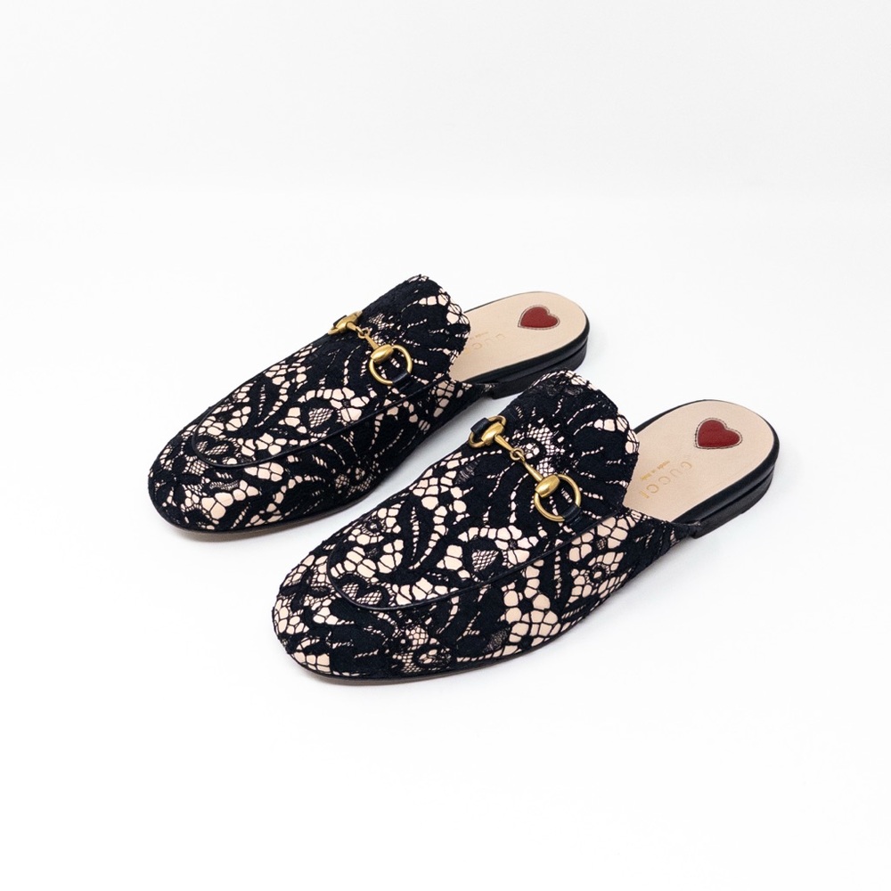 Gucci Princetown Mules Slippers (Sz 37.5) Black Lace Horsebit Slip-On Loafers